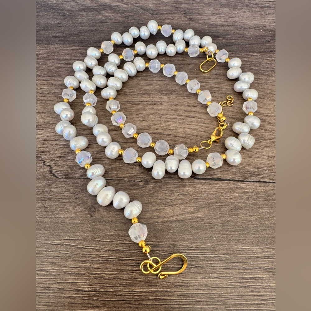 Handmade Freshwater Pearl and AB Glass Necklace and Bracelet Set - Picture 4 of 11